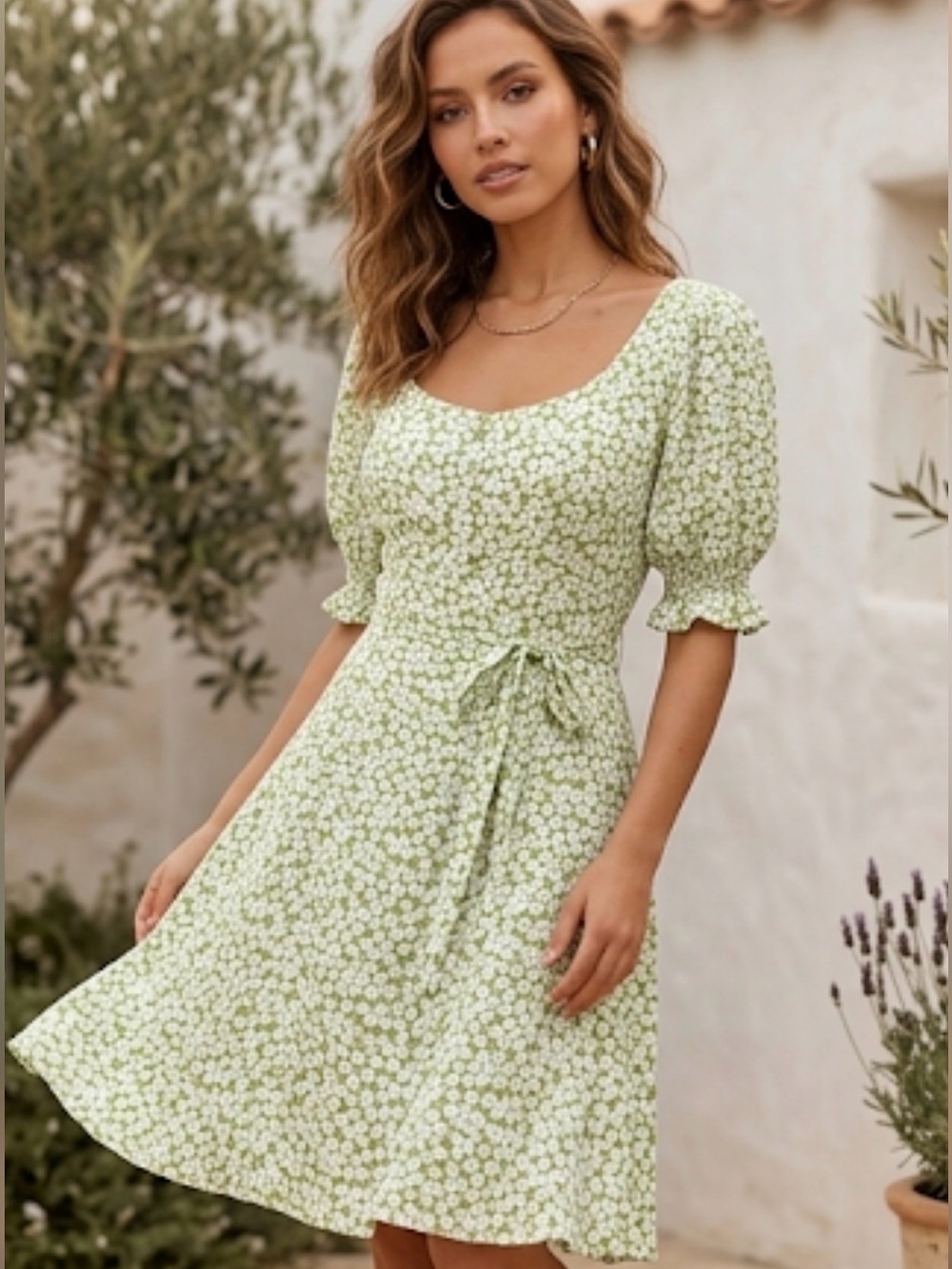 Faithfull The Brand Green Floral Puff Sleeve Mini Dress Large